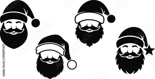 Collection of four distinct black and white vector silhouette icons representing Santa Claus faces wearing different style hats perfect for holiday design elements and celebrations