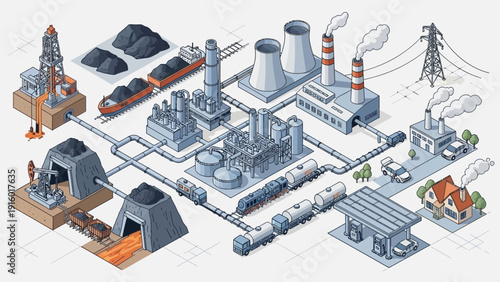 Isometric Industrial Complex with Factories, Mines, and Transport Infrastructure.