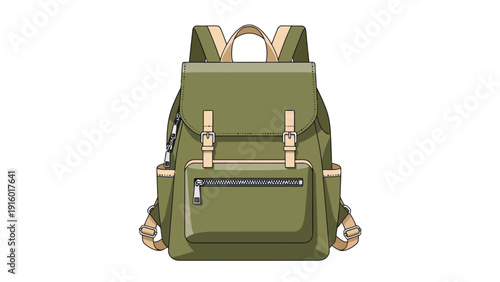 Olive green backpack with tan accents and a zippered pocket