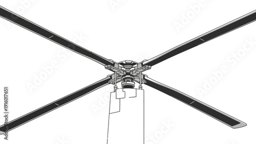 Overhead view of a rotor with four blades and a central hub