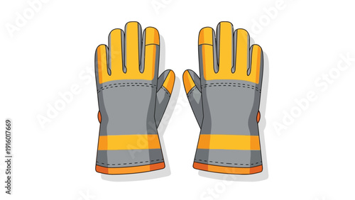 Pair of cartoonish yellow and gray gloves with orange accents