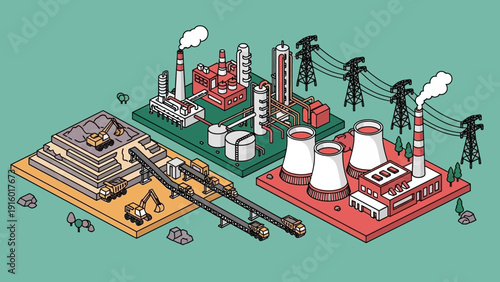 Isometric Industrial Landscape with Factories and Power Plants.