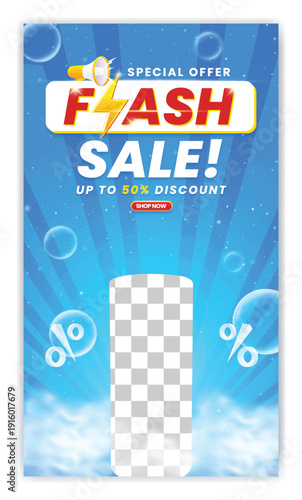 A promotional poster advertising a flash sale with a discount of up to 50% on a black speaker
