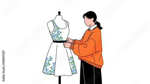 Person measuring a dress on a mannequin