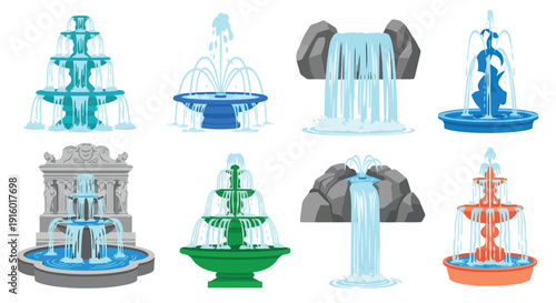 Collection of ornate fountains with varying tiers and sculptural designs