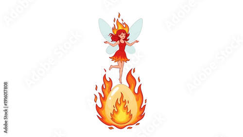 Pixel art fairy with flaming hair standing on a flaming egg