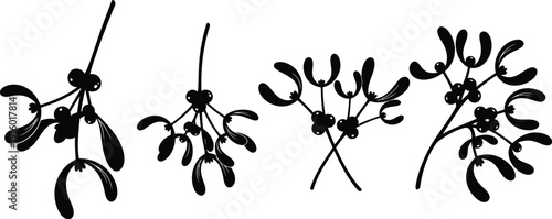 Set of four black and white silhouette icons depicting stylized mistletoe sprigs with distinct clusters of berries and curved leaves perfect for seasonal decoration