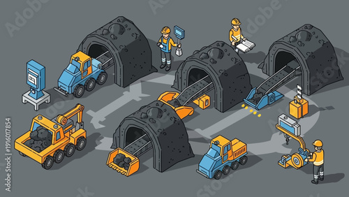 Isometric Pixel Art Mining Operation with Workers and Heavy Machinery.