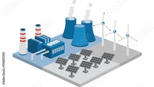 Isometric Power Generation with Nuclear, Solar, and Wind Energy.