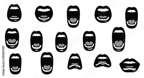 Arrangement of stylized black and white mouth illustrations in a grid pattern