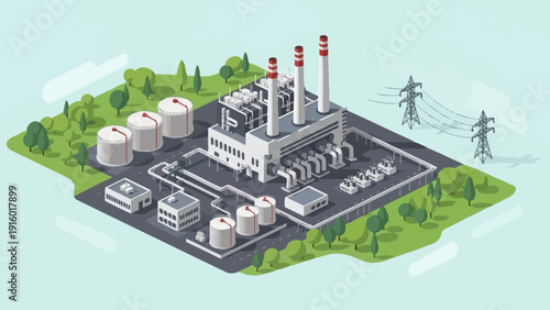 Isometric Power Plant with Industrial Infrastructure and Energy Production.