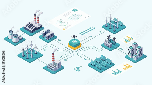 Isometric Smart Grid Network with Renewable Energy and Industrial Facilities.