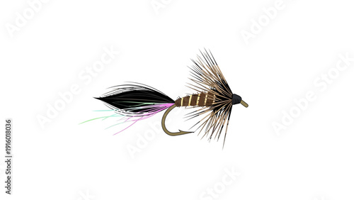 Realistic illustration of a fishing lure with brown and black feathers