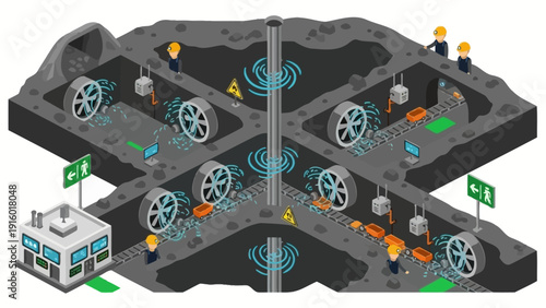 Isometric view of a complex underground mining operation with machinery and workers.
