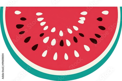 Illustration of a Red Watermelon Slice with Black and White Seeds on a White Background