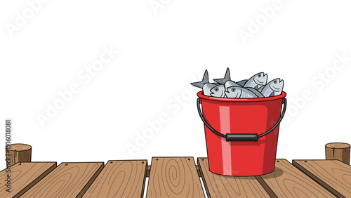 Red bucket filled with fish on a wooden dock