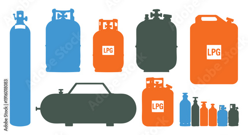 Various gas tanks and containers depicted in a colorful flat illustration