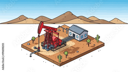 Oil pump jack and small building in desert landscape.