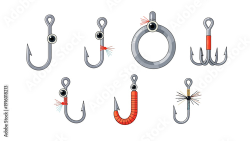 Seven fishing hooks with various designs