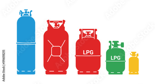 Four differently sized and colored propane tanks displayed in a row