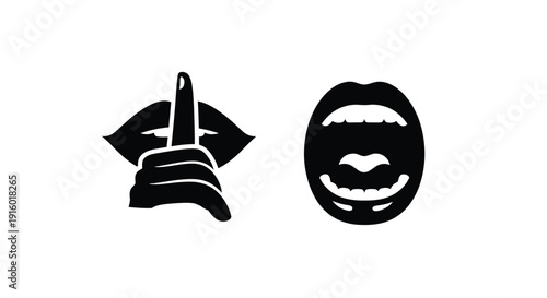 Black and white illustration of a raised middle finger and open mouth