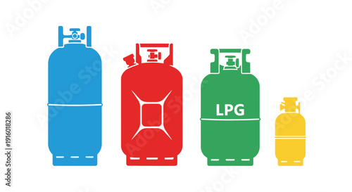 Four colorful propane tanks arranged in a row depicting various sizes