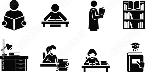 Black and white icons showing people reading and educational elements book person reading