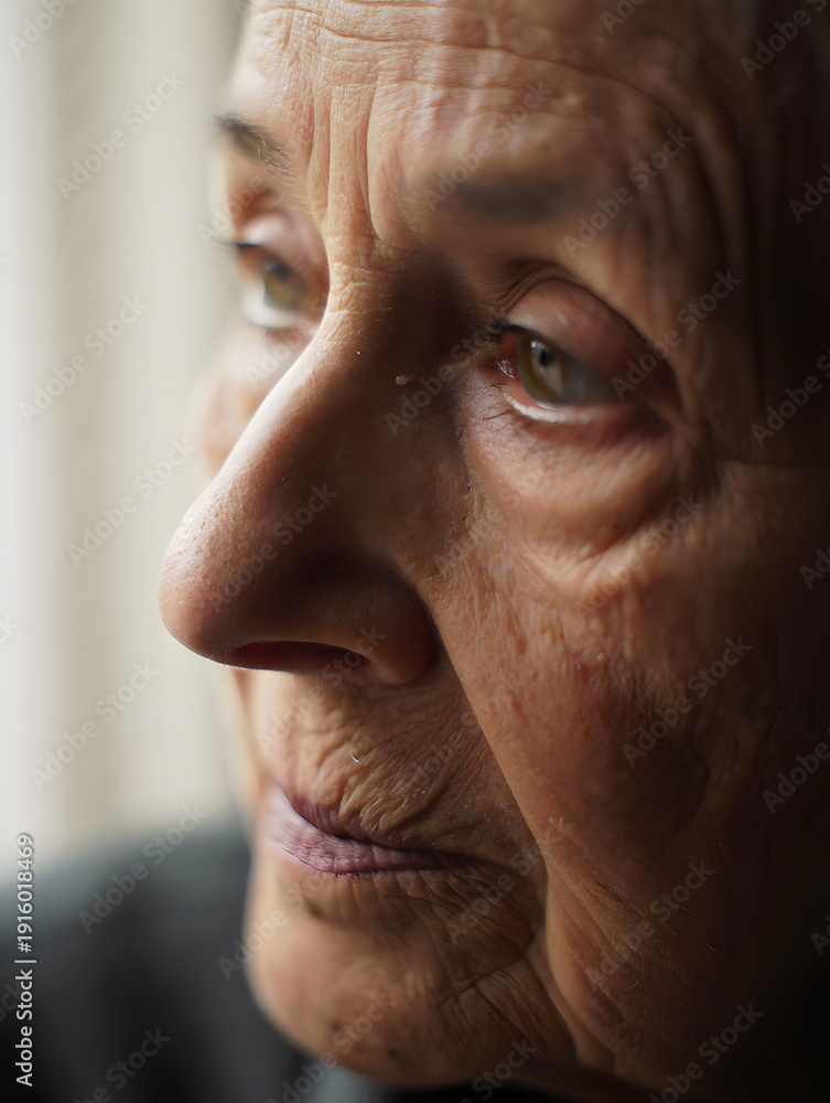 Fototapeta premium Close-up portrait of a thoughtful elderly woman with expressive eyes, showcasing the wisdom and character of age