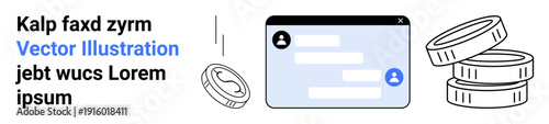 Online payments, digital communication, e-commerce, financial technology, transactions, and messaging. Chat window and coins. Online payments and digital communication