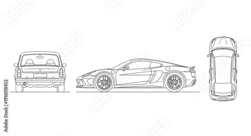 Sports car blueprint technical drawing from multiple angles.
