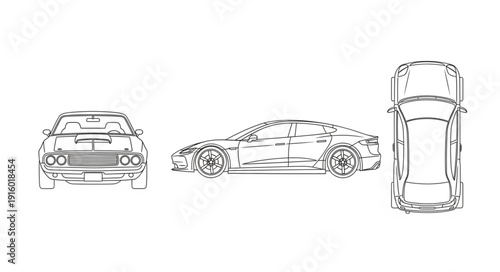 Sports Car Blueprint Design Three Views.