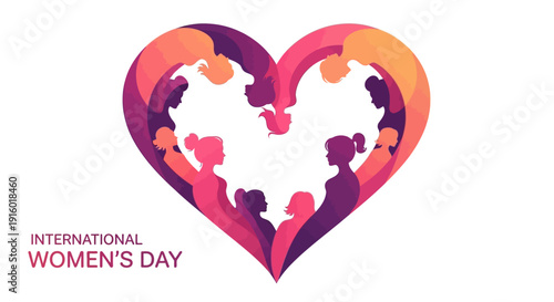 Vibrant heart-shaped graphic illustrating global unity on International Women's Day with diverse silhouettes and colorful gradient hues against a clean white background.