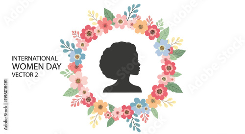 Vector illustration celebrating International Women's Day with a floral wreath and silhouette of a woman's head, symbolizing Women's Empowerment and Equality for all, against a clean white