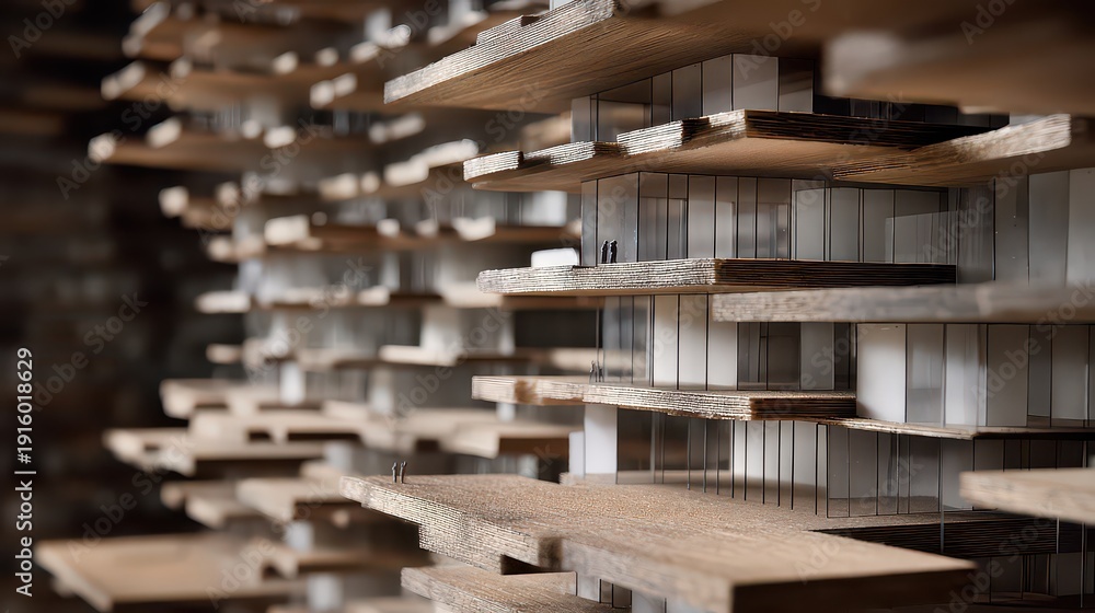 Fototapeta premium Abstract Perspective of Stacked Wooden Boards with Vertical Supports in Warm Lighting