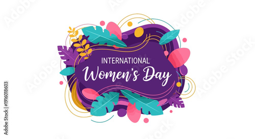 A vibrant International Women's Day logo celebrating empowerment and equality with a mix of colorful floral patterns and typography on a purple background.