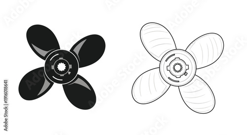 Two propeller illustrations one solid black one with linear detailing