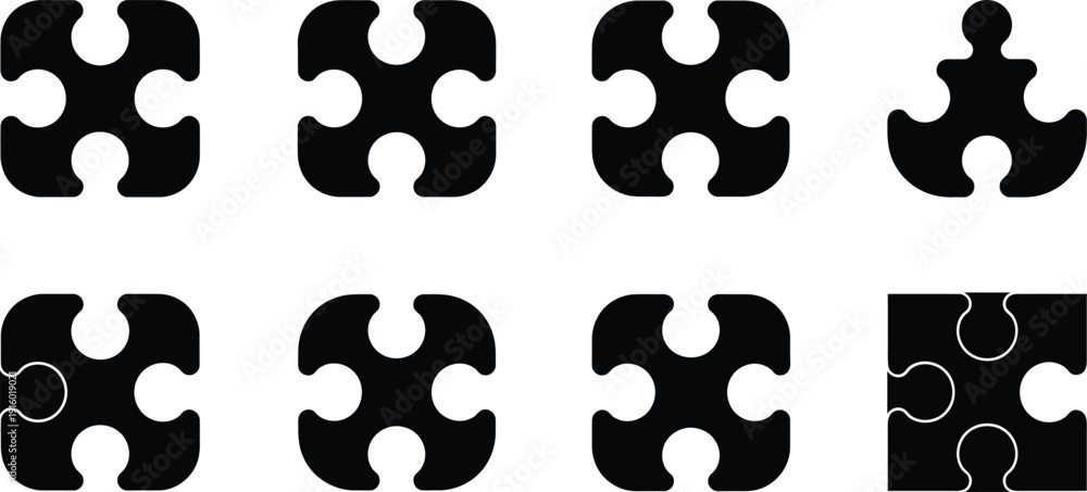 Fototapeta premium Collection of Black Silhouette Puzzle Pieces Showing Interlocking and Incomplete Forms Keywords: puzzle, jigsaw, piece, interlocking, connection