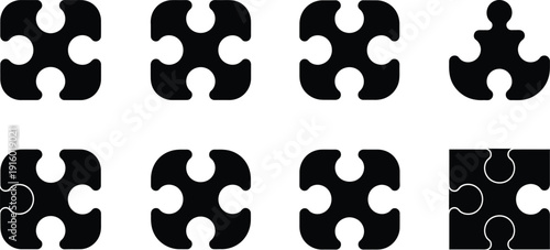 Collection of Black Silhouette Puzzle Pieces Showing Interlocking and Incomplete Forms Keywords: puzzle, jigsaw, piece, interlocking, connection