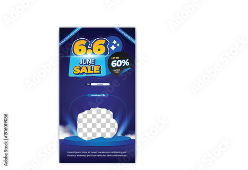 A promotional poster advertising a June sale with a camera on a blue background