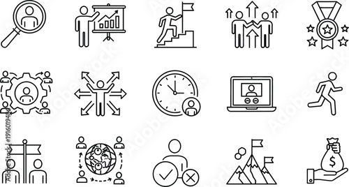 Human resources and business management line icon set with leadership recruitment performance growth and teamwork concepts