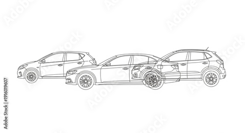 Three cars drawn in a simple sketch style on a white background.