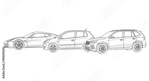 Three cars drawn in a sketch style on a white background.