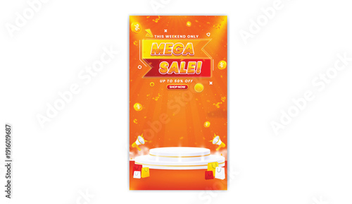 A vibrant advertisement for a weekend sale featuring red speakers on a white platform