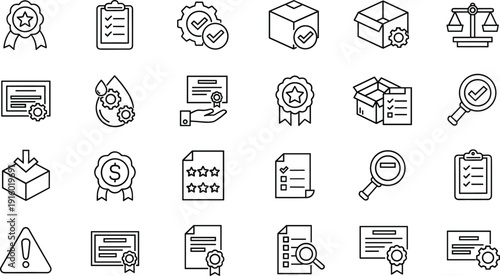 Quality assurance and certification line icon set with checklist badge approval compliance and audit symbols