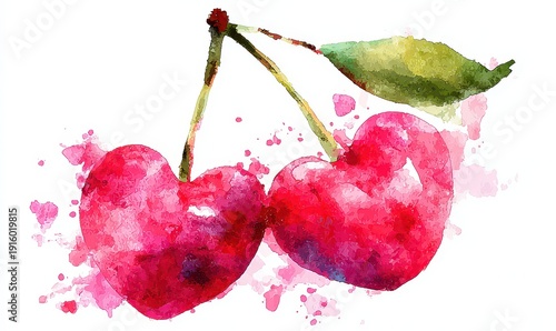 Vibrant Watercolor Style Illustration of Two Red Cherries with a Green Leaf on a Clean White Background Artistic Style