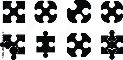 Collection of eight black puzzle piece icons with different shapes and arrangements Keywords: puzzle, jigsaw, piece, icon, symbol, connection