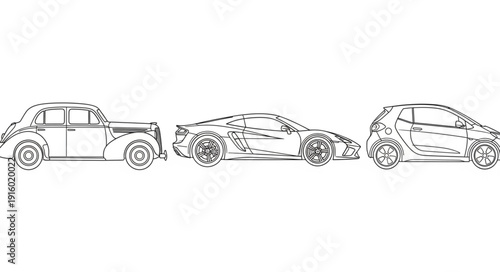 Three cars drawn in a line showing different eras of automotive design.