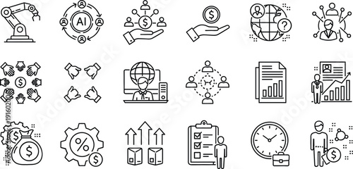 Artificial intelligence and business automation line icon set with robotics analytics finance and global technology concepts