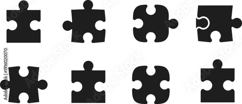 Collection of eight black puzzle pieces on a white background Keywords: puzzle piece, jigsaw puzzle, game, solution, connection, teamwork