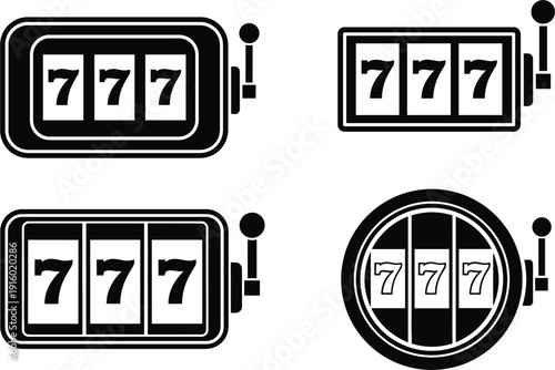 Classic casino slot machine jackpot sevens icon set in retro black and white vector illustration